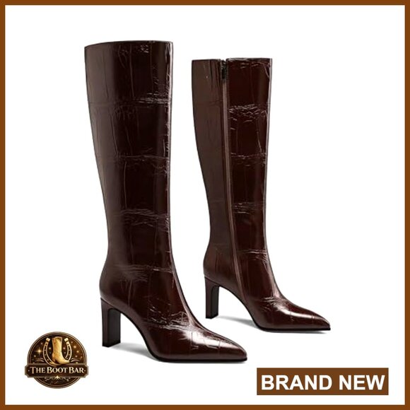 Chunky Heel Pointed Toe Knee-High Boots PU Leather - Picture 3 of 6